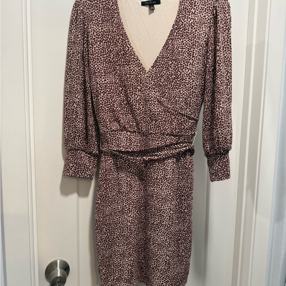 City Studio Long Sleeve Wrap Dress in Burgundy and White